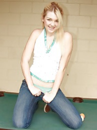KiloTeens presents: Sweet blonde babe spreads shaved pussy on pool table