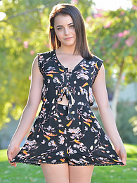 KiloTeens presents: Svelte american dark-haired teen Kylie Quinn in shorts toys her twat outdoor