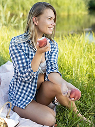 KiloTeens presents: Skinny blonde Paulina gets naked on a blanket in a field of wheat